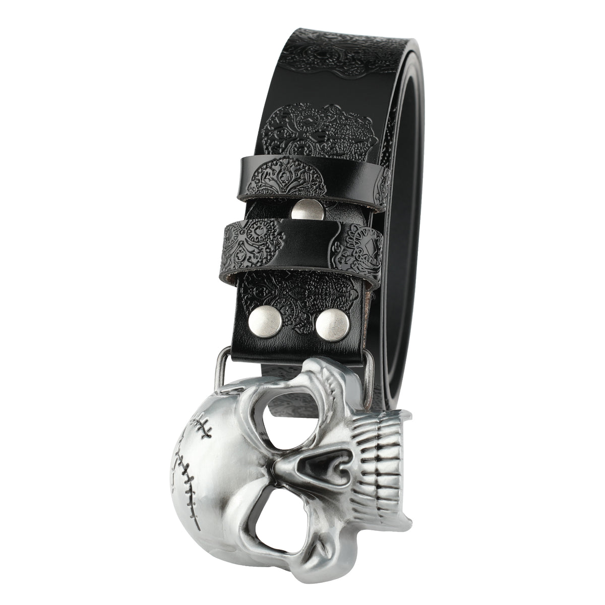 Leather Belt With Embossed Ghost Head Design And Smooth Skull Buckle