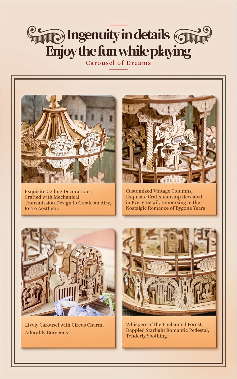 Rotating Merry-Go-Round Wooden Puzzle Kit, Mechanical Carousel 3D Model for Adults & Teens, DIY Kinetic Display Piece — image