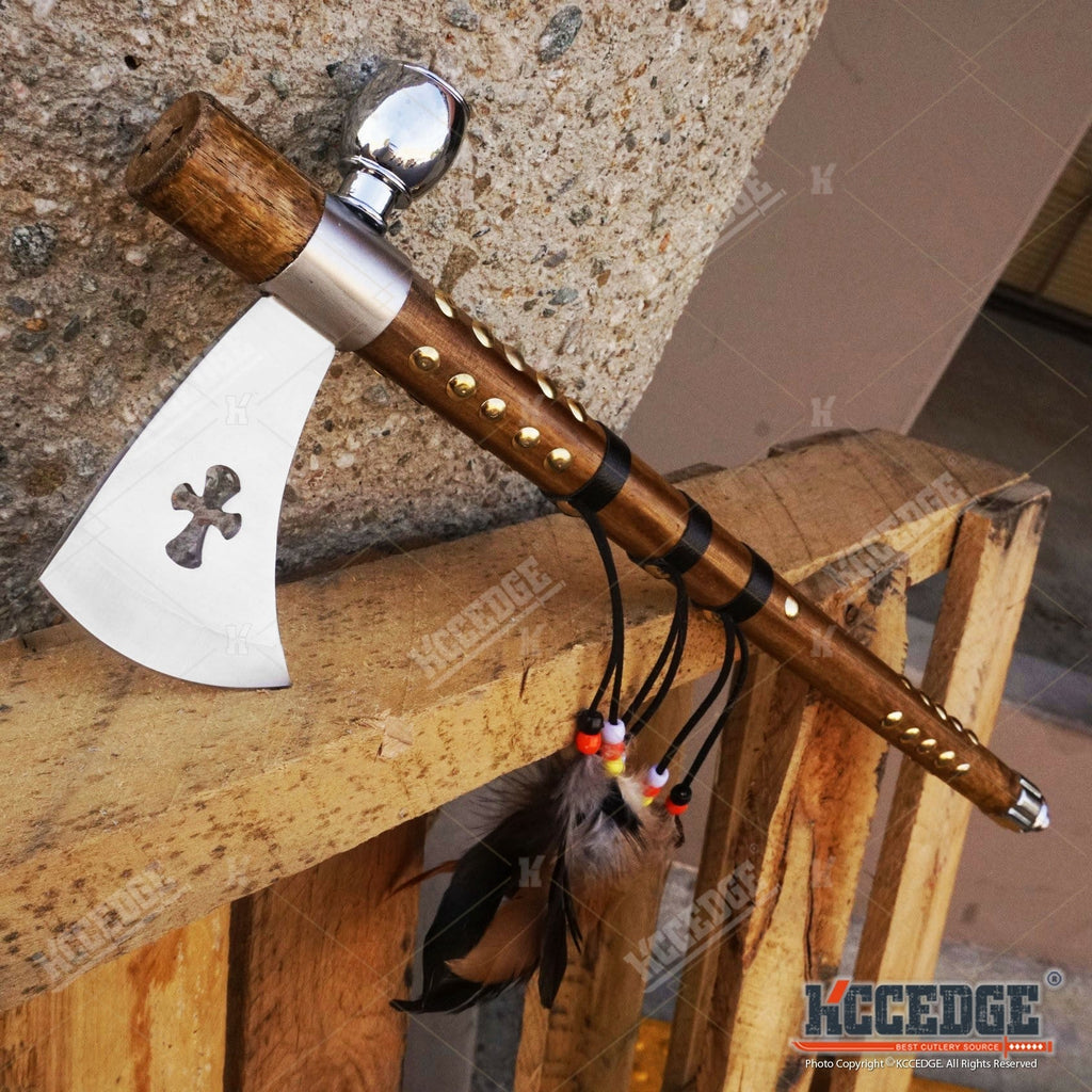Native American Tomahawk Hatchet Replica 19in, Decorative Peace Pipe Axe with Wooden Handle, Feather & Brass Accents — image 