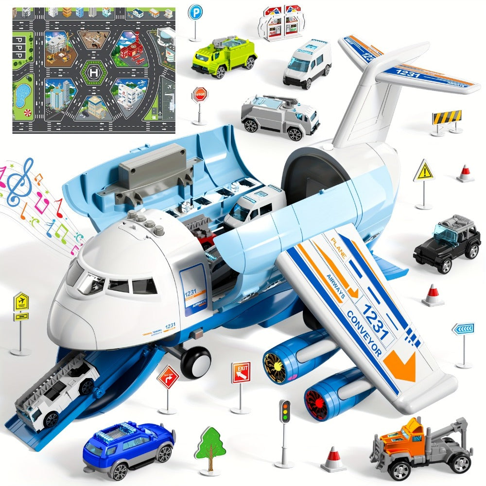 Jumbo Transport Airplane Toy for Kids with 10 Cars & Spray Mist, Cargo Plane Playset Toddler Boy Girl Birthday Gift Ages 3+ —