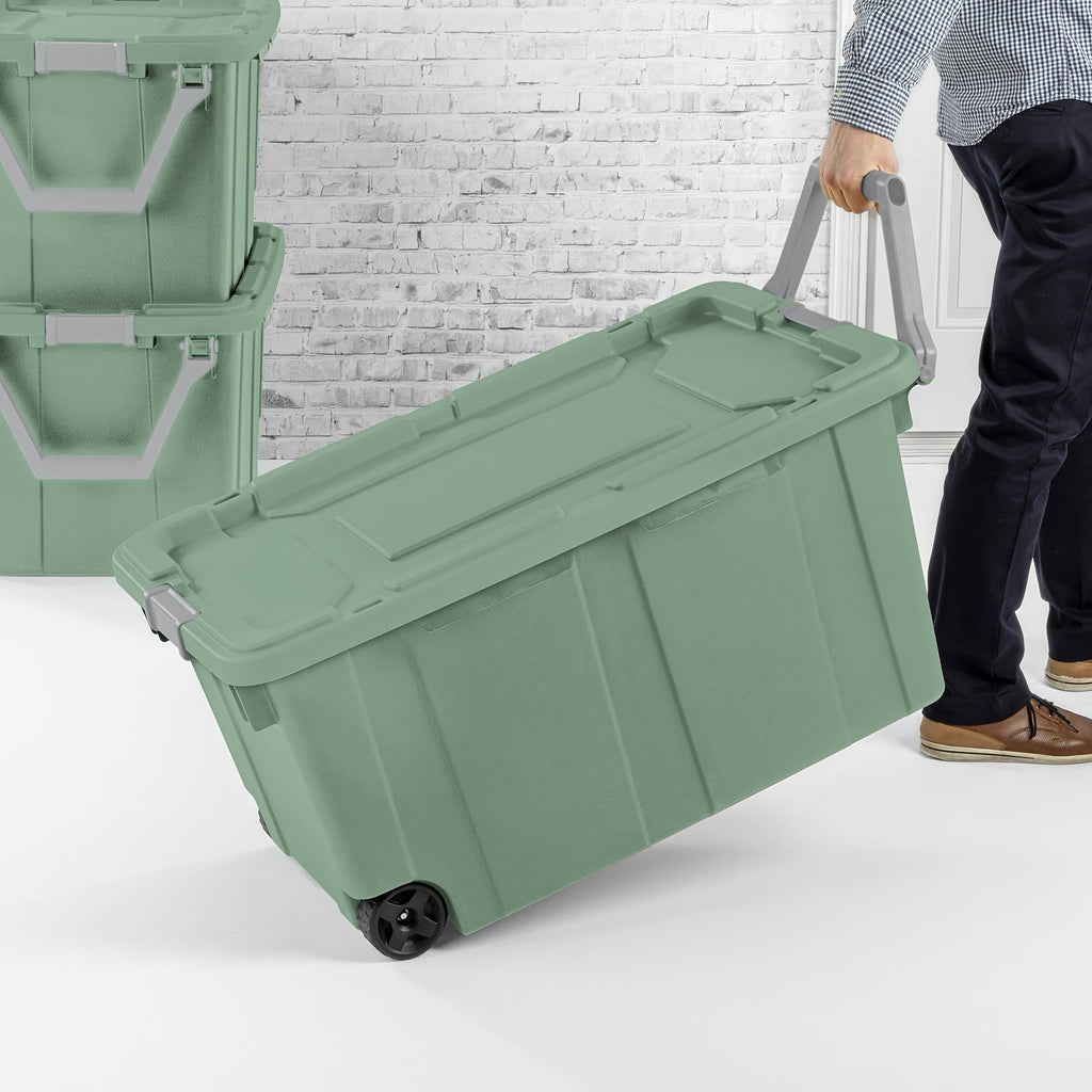 Two-Pack 40-Gallon Green Storage Bins with Latch Lids, Pull Handles and Rear Wheels for Bulk Organization — image 4