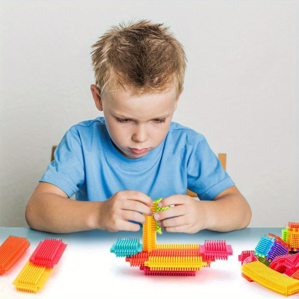 Building Block Set Bristle Construction Pieces, 150-Piece Colorful Interlocking Shapes with Storage Tub — image 7