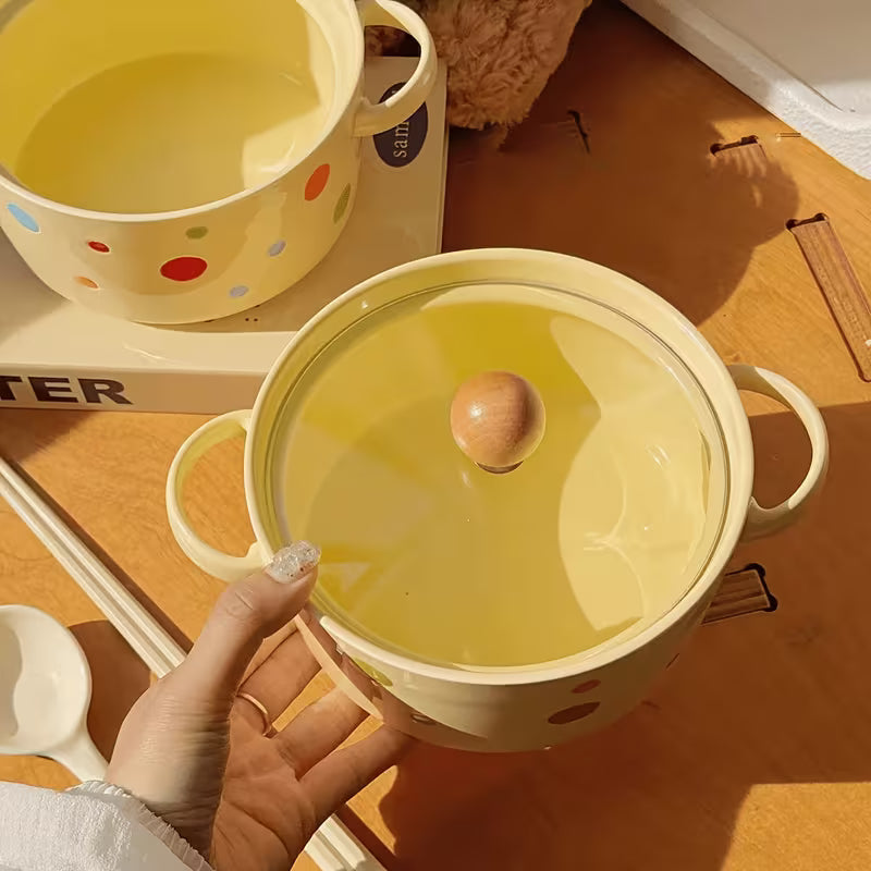 Colorful Polka Dot Ceramic Noodle Bowl with Lid