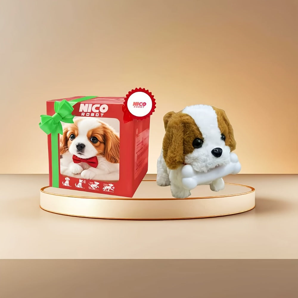 Simulation Puppy Robot Electric Interactive Dog Toy, Auto Walking, Barking & Tail Wagging, Plush Biomimetic Pet with Dog Bone