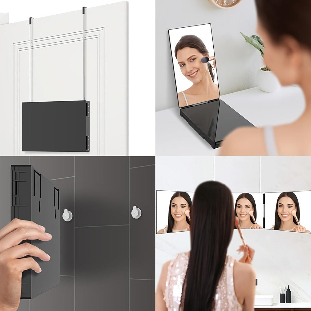 Three-Way Folding Mirror for Haircutting 360° View Anti-Fog HD Glass Height-Adjustable Telescopic Hook – Foldable Three-Sided