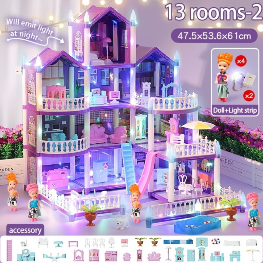 LED Dollhouse Playset for Girls, Purple Multi-Room Playhouse with Doll Figures, Puppies, Furniture & LED Lighting — image 12