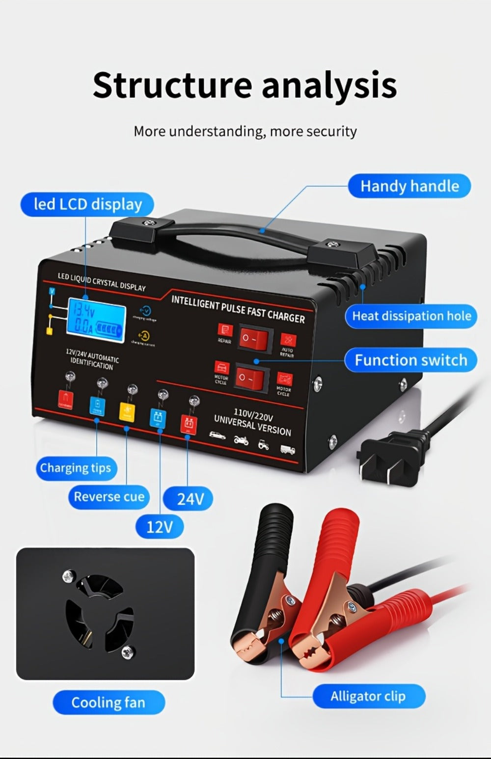 AF01 12 V and 24 V Battery Charger with LCD Display, Alligator Clamps, Carry Handle and Cooling Fan — image 22