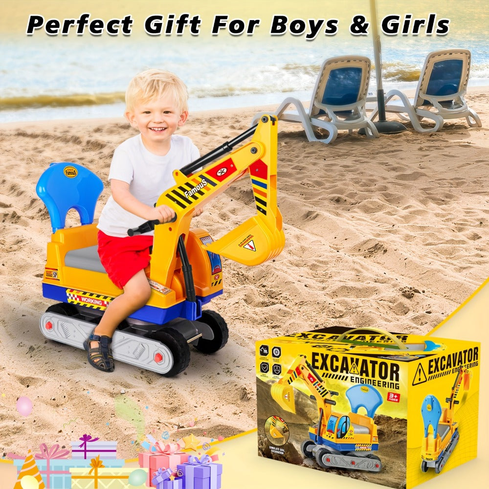 Kids Ride On Excavator Toy Large Beach Sand Digger with Working Scoop Arm, Outdoor Engineering Construction Toy for Toddlers 
