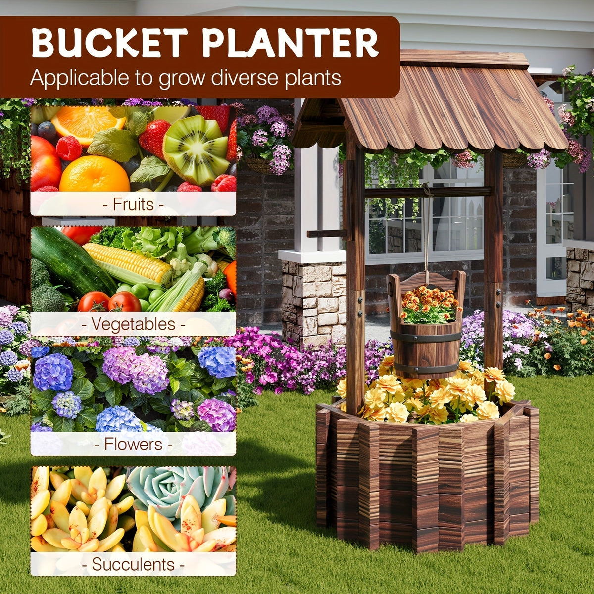 Wishing Well Planter Outdoor Wooden Rustic Garden Decor with Hanging Bucket Barrel Style for Patio Lawn Yard — image 3
