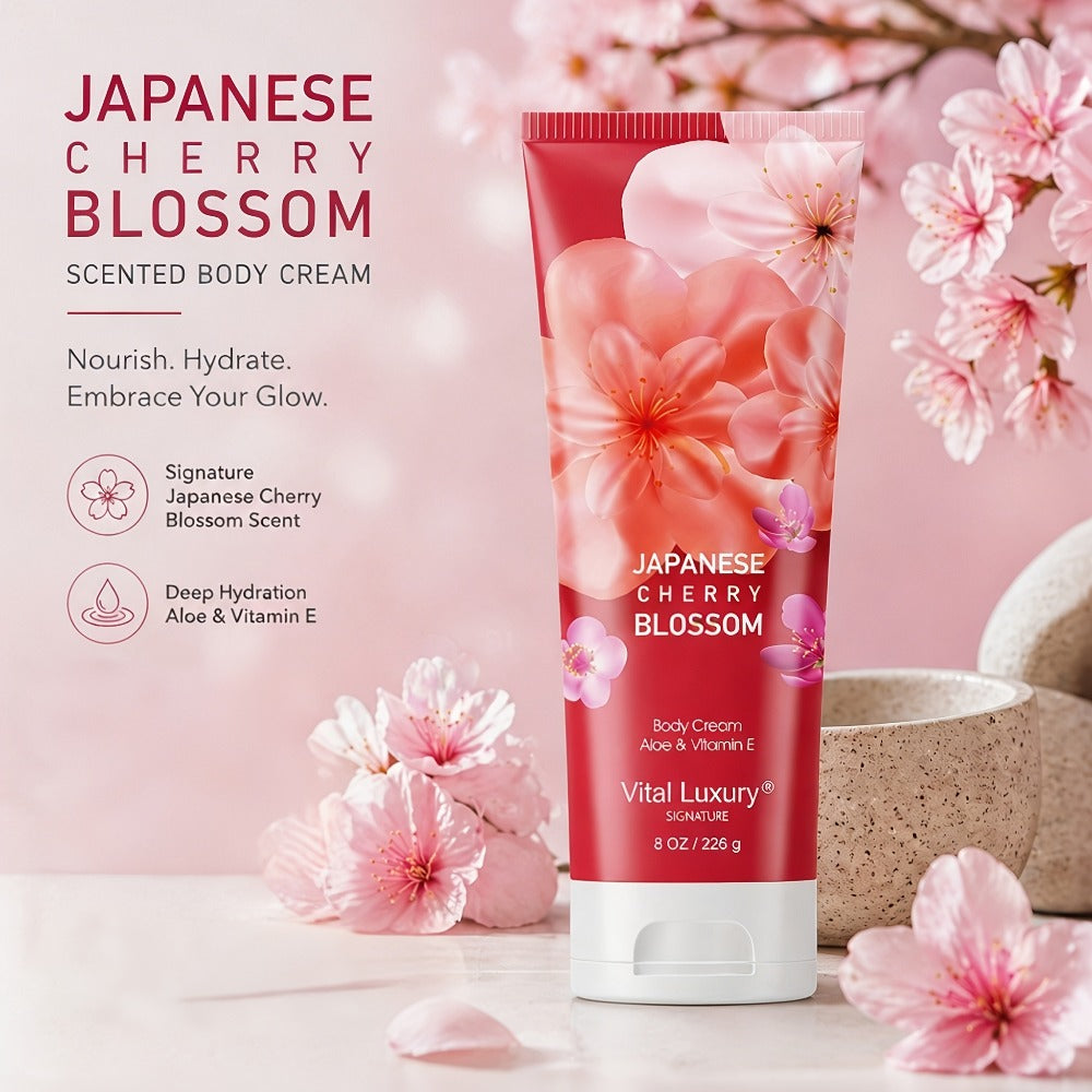 Japanese Cherry Blossom Body Lotion in 8 fl oz Squeeze Tube with Vitamin E and Glycerin Labels — image 2