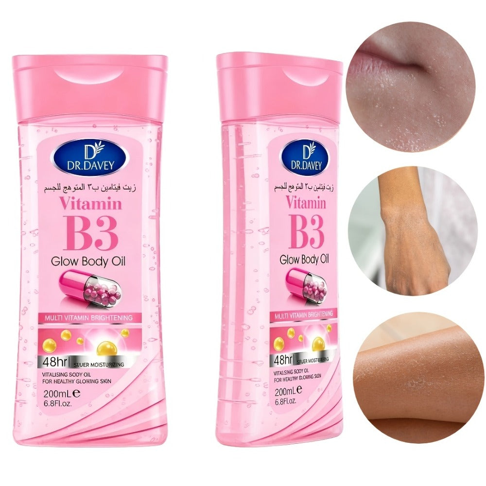 Vitamin B3 Body Oil, Two-Piece Set of 200ml Flip-Top Bottles with Coordinated Pink Niacinamide Labels — image 1