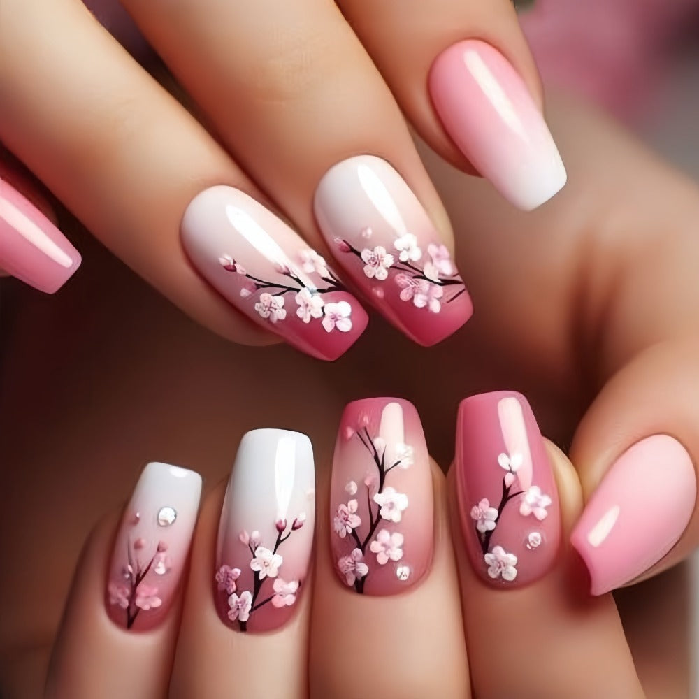 Press On Nails 120-Piece Medium Square Set with Glossy Floral and Striped Designs in Five Packs — image 9
