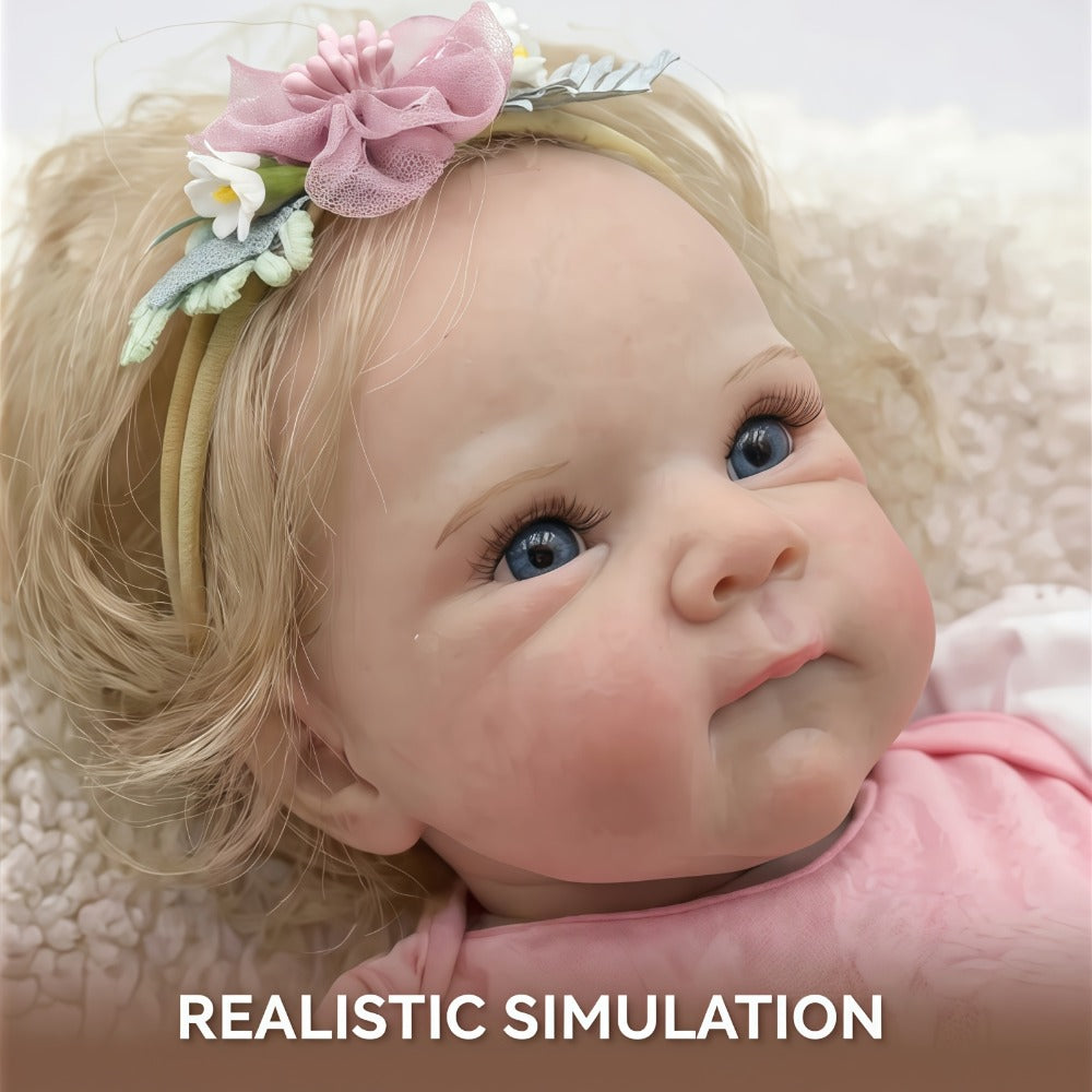 Reborn Baby Doll 16-Inch Cloth Body with Rooted Blonde Hair, Open Eyes, Pink Romper and Pacifier Set — image 9