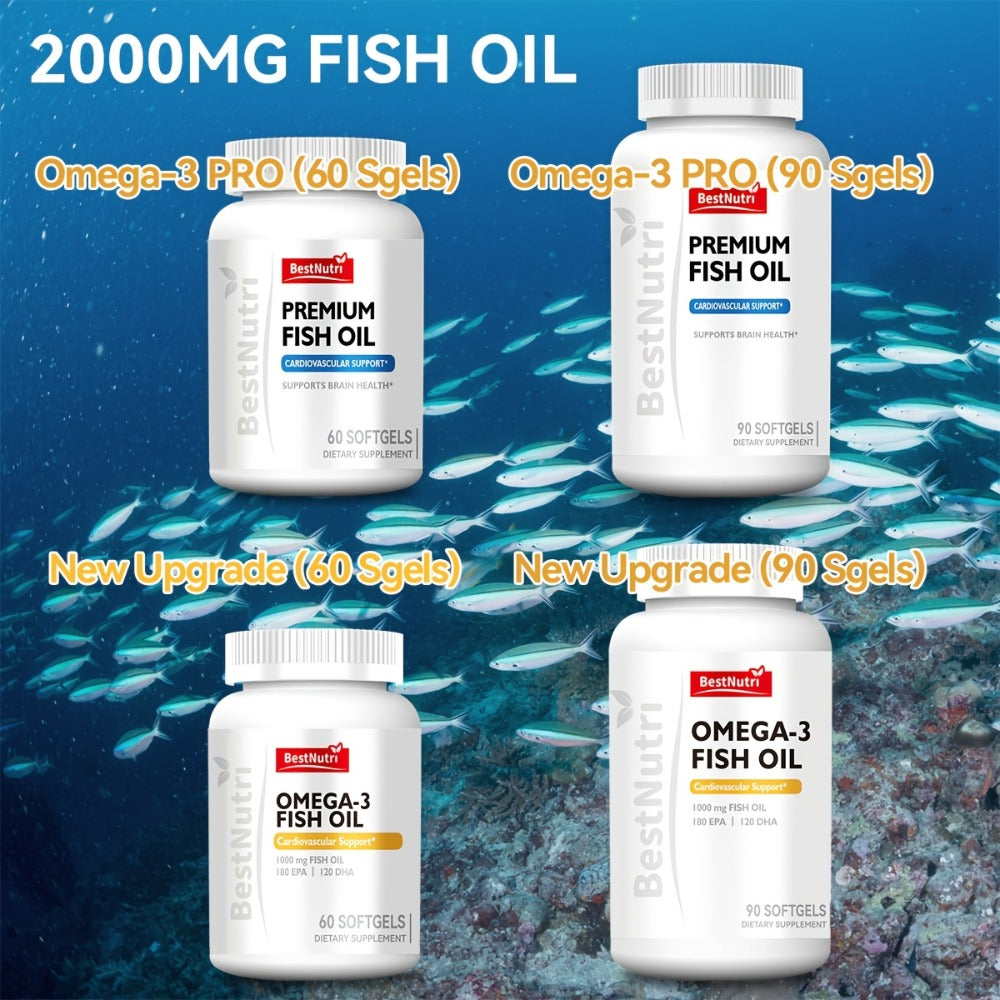Omega-3 Fish Oil 2000mg Softgels with EPA & DHA, Cold-Extracted CGMP, Brain Vitality Heart Health Anti-Inflammatory Support —