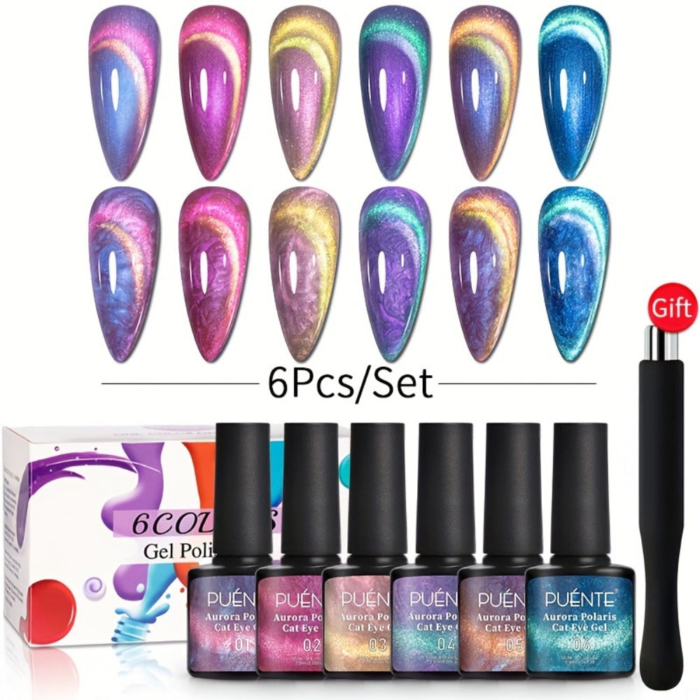 Gel Nail Polish 6-Piece 9D Aurora Magnetic Cat-Eye Set with Pearl-Shell Glitter Effect and UV/LED Soak-Off Cure — image 1