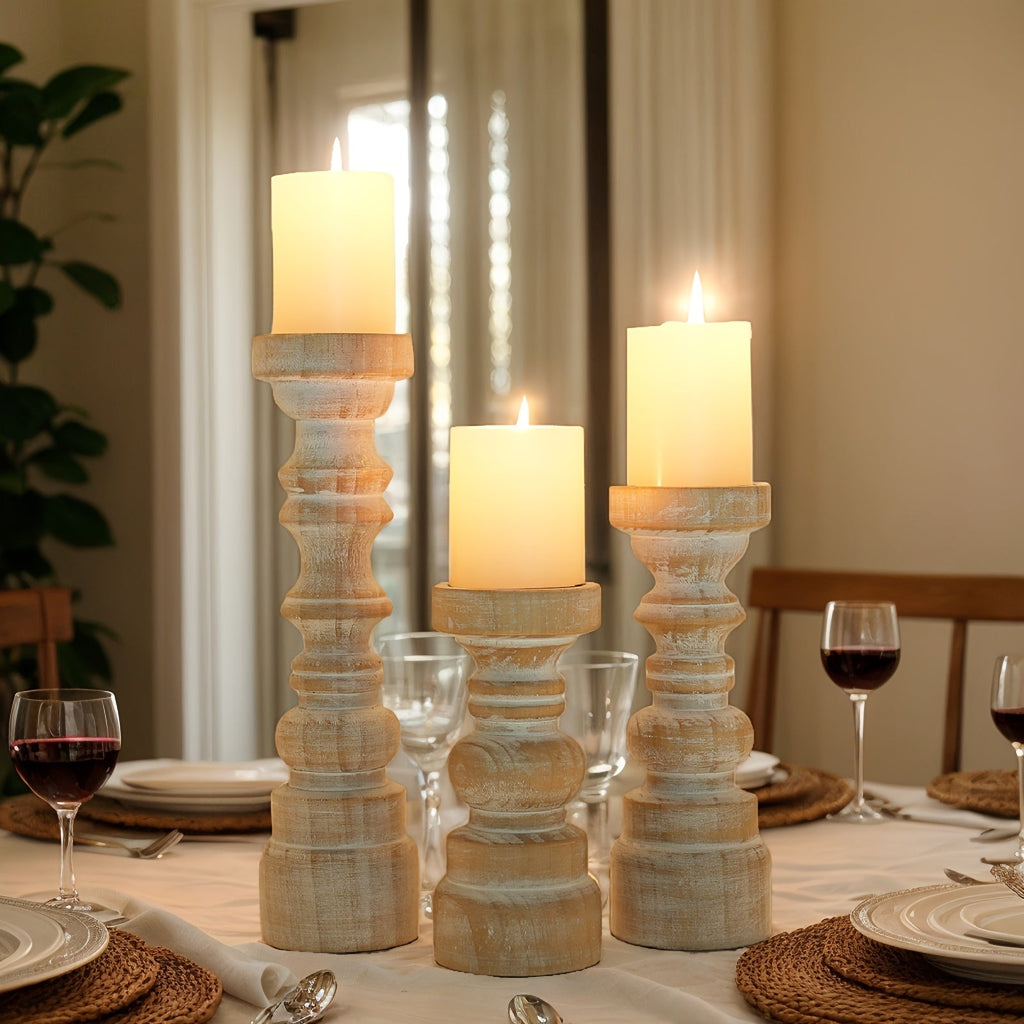 Candle Holder Set of 3 Graduated Brown Wood Pillar Stands with Turned Farmhouse Profiles for Tabletop Displays — image 5