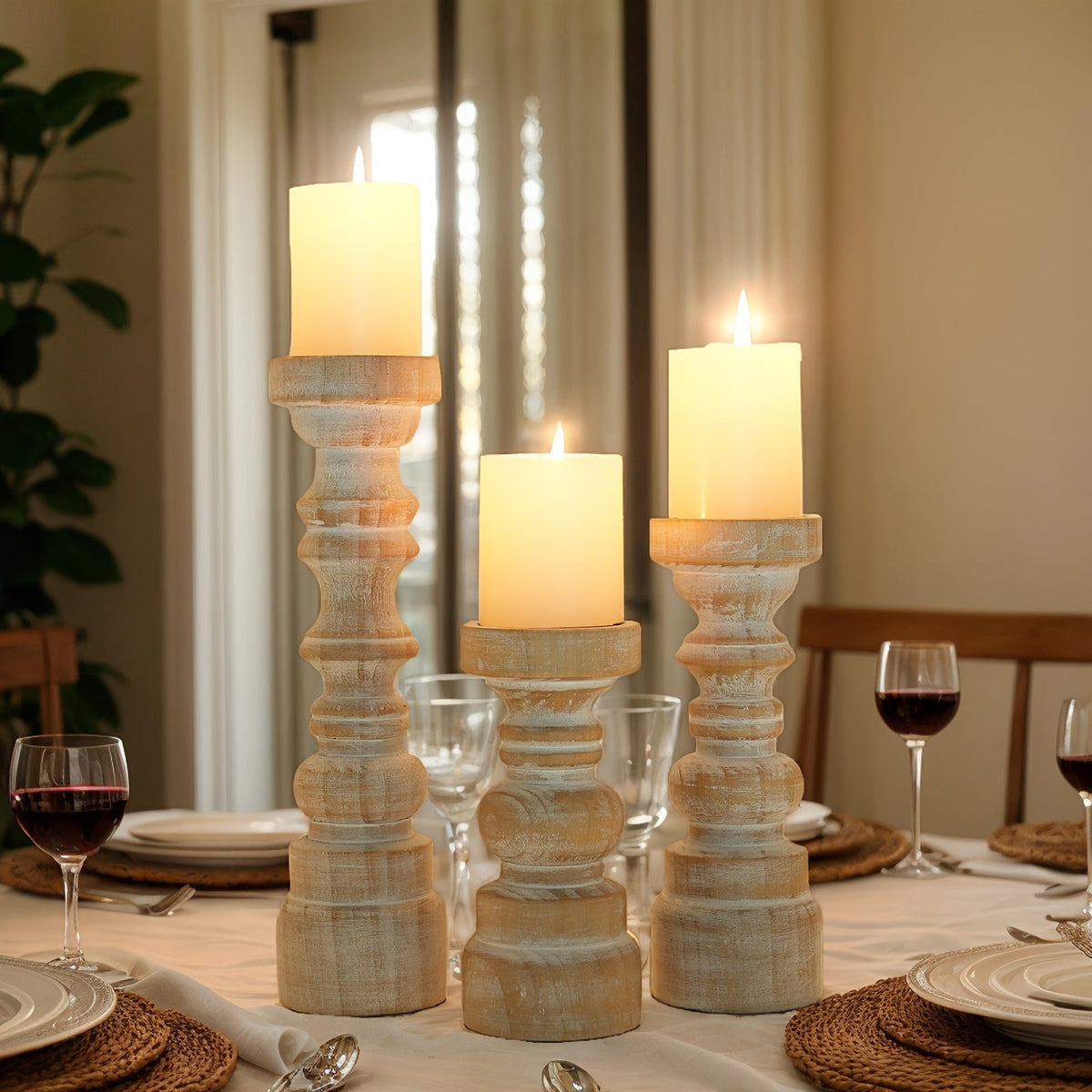 Candle Holder Set of 3 Graduated Brown Wood Pillar Stands with Turned Farmhouse Profiles for Tabletop Displays — image 5