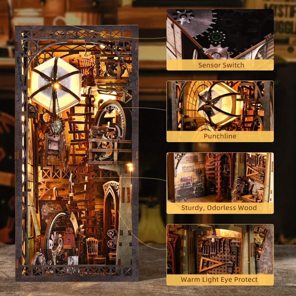 Book Nook Kit DIY Wooden 3D Puzzle Corner Alley Bookshelf Insert Miniature Street Scene Home Decor Handmade Gift for Adults T