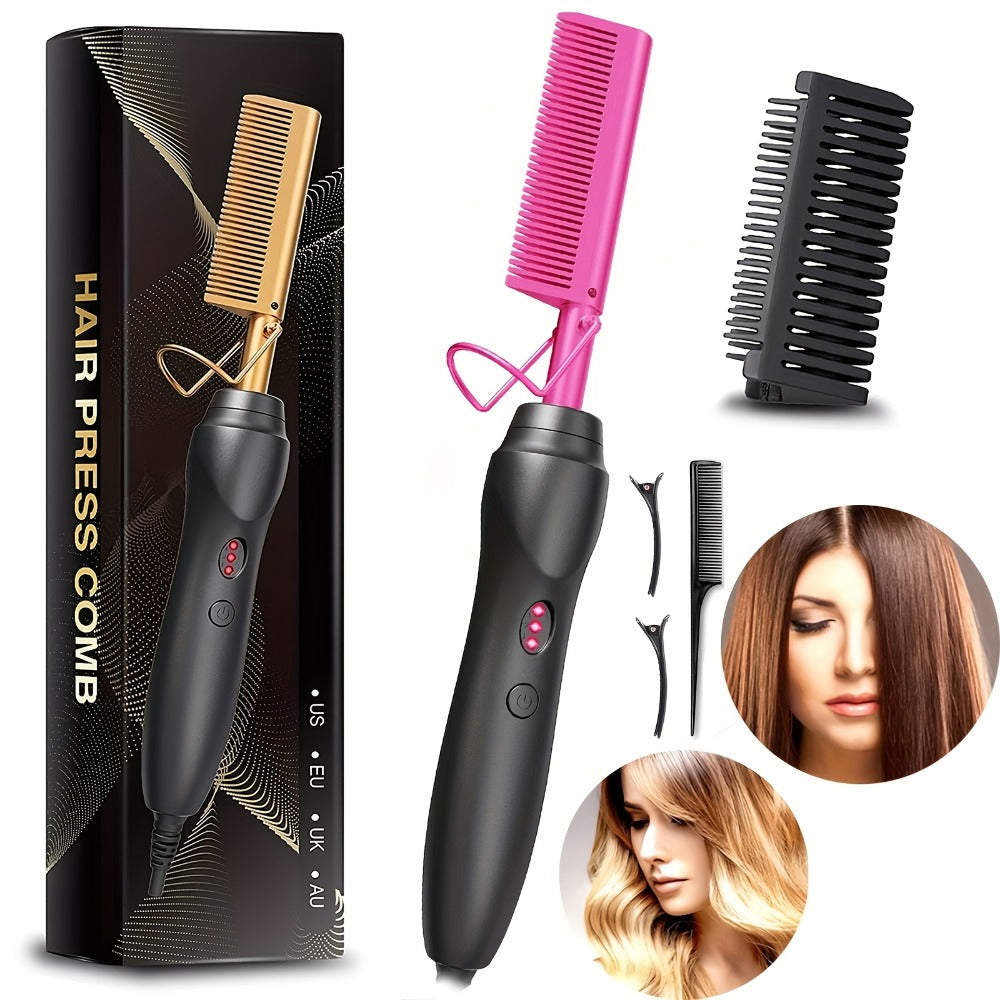 Electric Press-Comb Hair Straightener in Pink, Gold, Black, Gradient or Avocado Green with Corded Handle — image 4