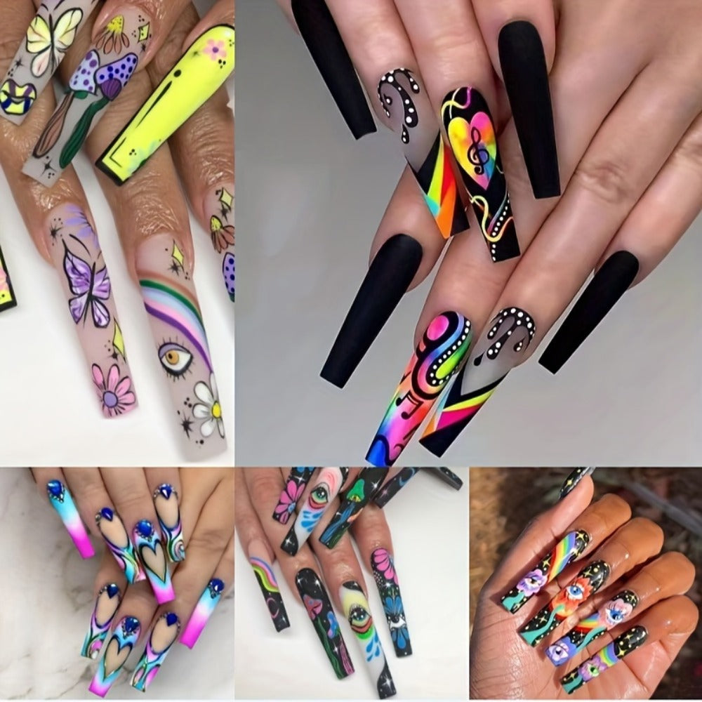 120-Piece Extra-Long Press On Nails Set in Five Boxes with Cosmic and Floral Designs — image 3