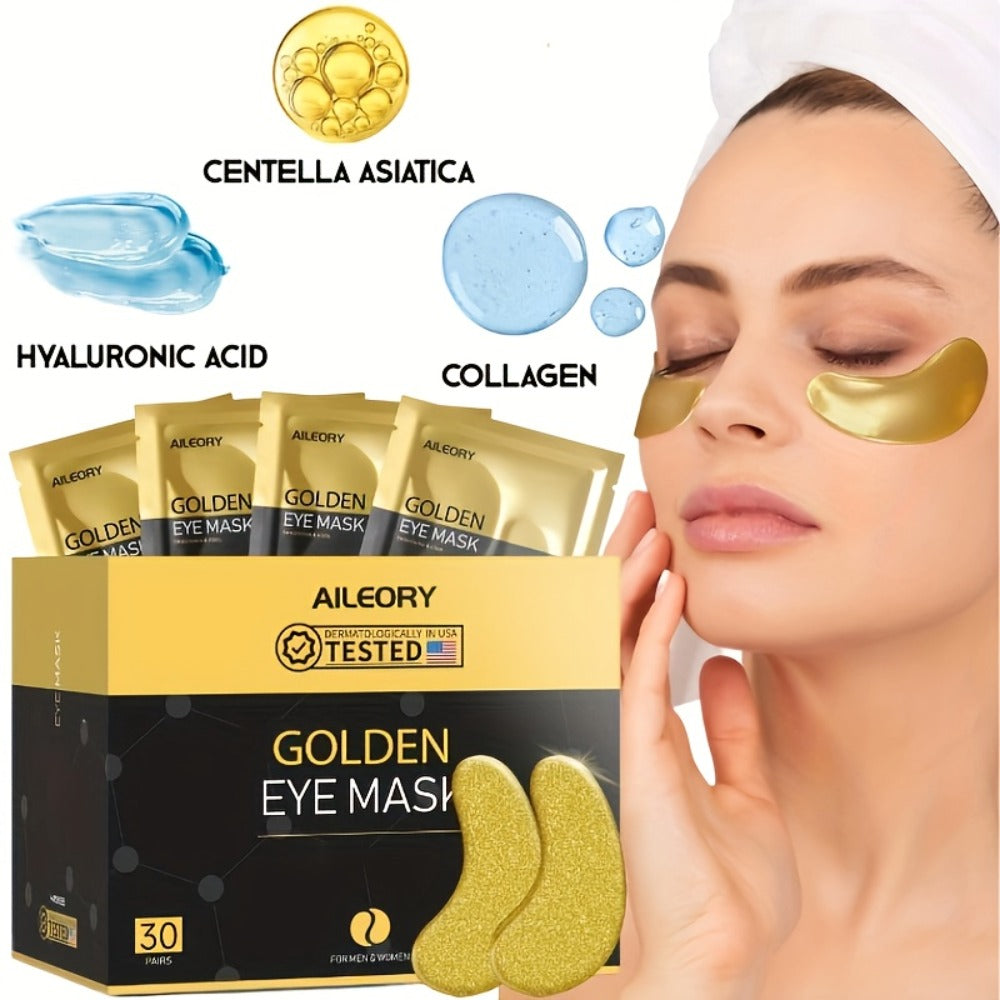 30-Pair ALIEORY Gold-Tone Under-Eye Patch Box with Individual Pouches and Collagen and Hyaluronic Acid Wording — image 1