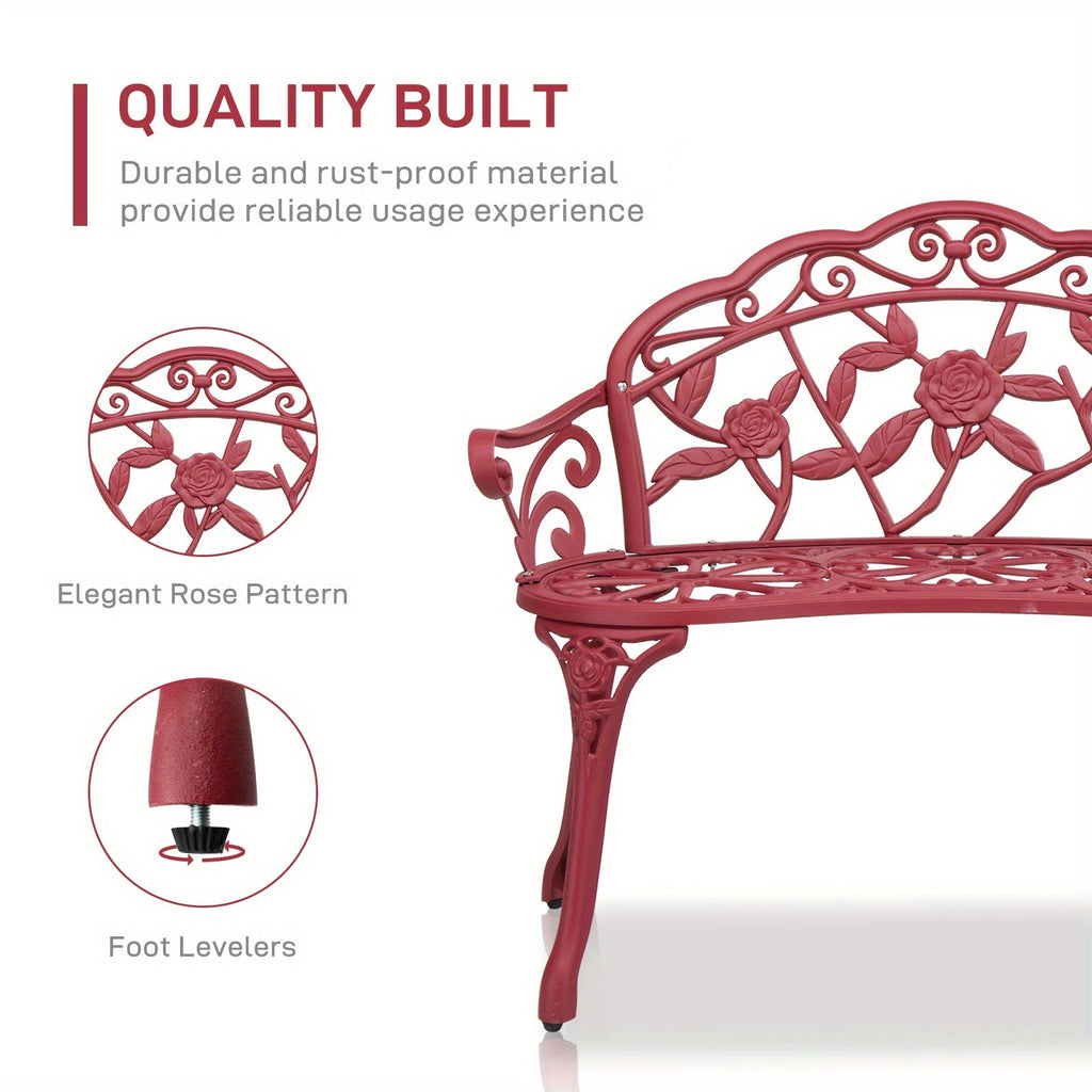 Floral Metal Outdoor Bench with 38.5in Rose-Pattern Seat and Back, Curved Arms and Four Color Options — image 10