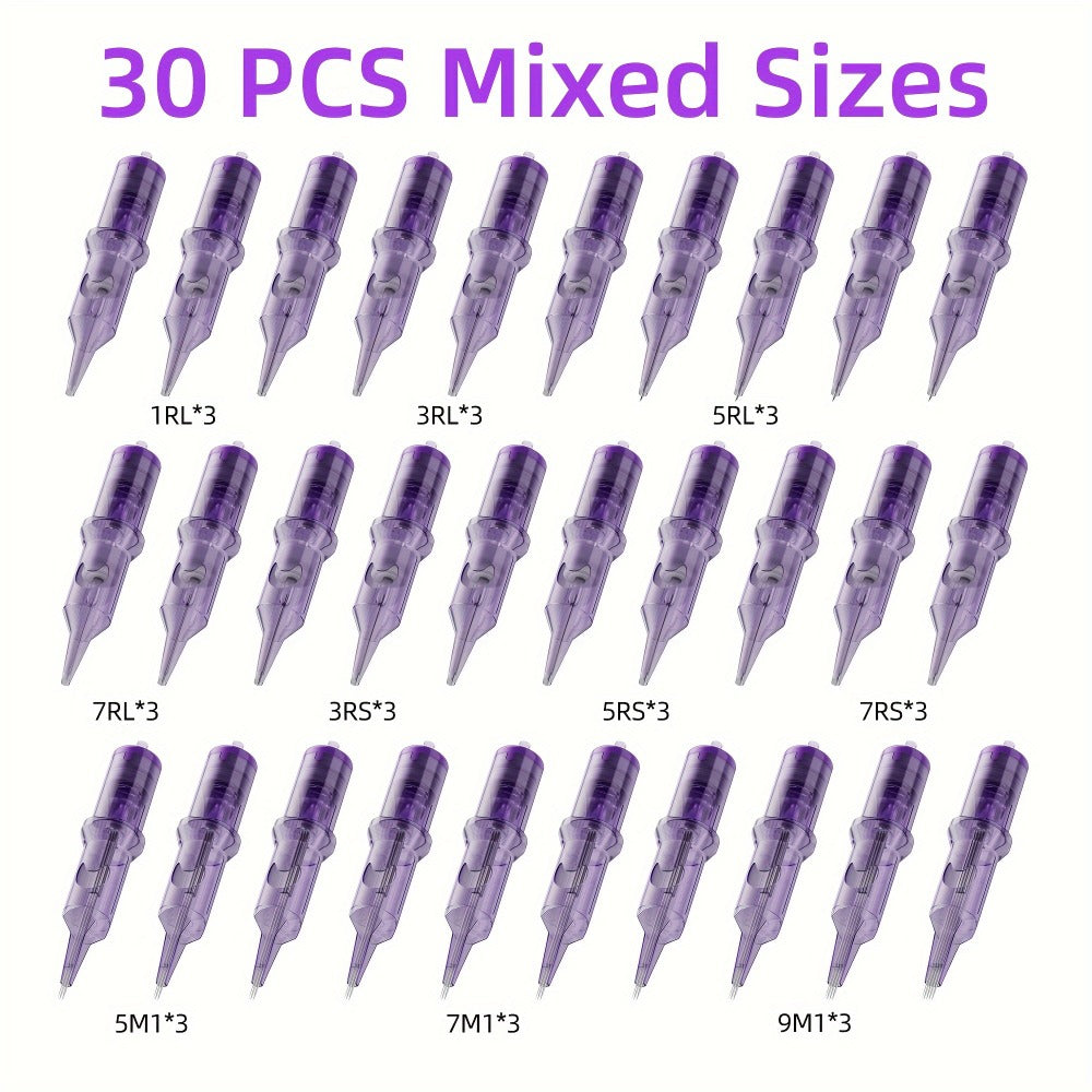 Tattoo Cartridge Needles 30 50pcs Purple RL RS RM M1 Mixed Sizes - Tuffking Disposable for Temporary Body Art, Festivals and 