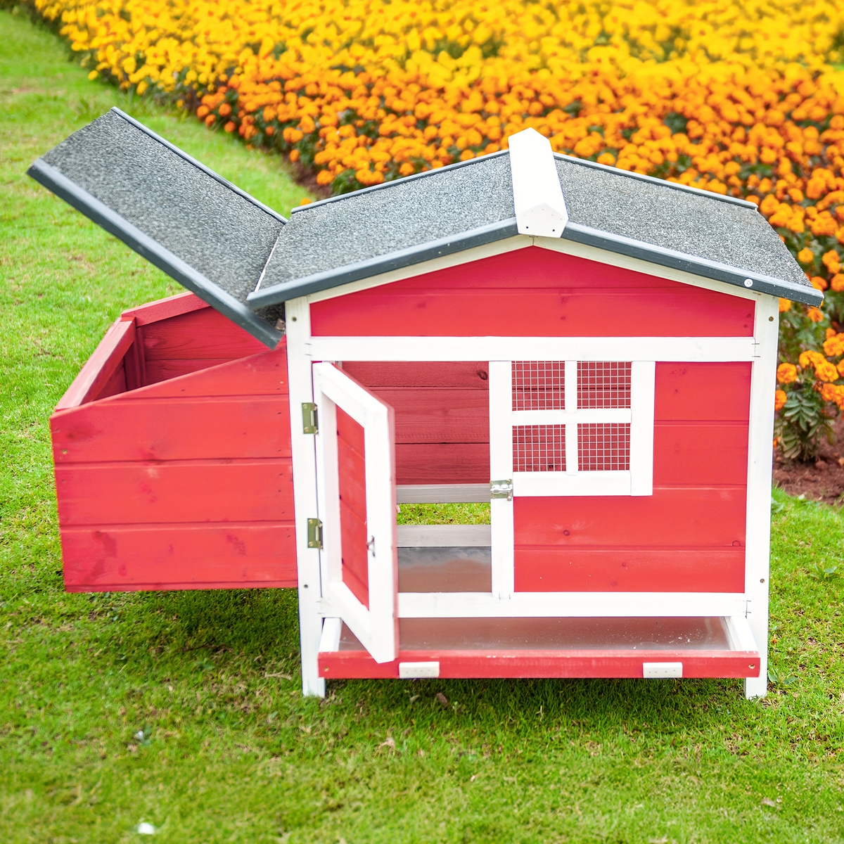 Hen House Outdoor Wooden Chicken Coop with Nesting Box Ramp Removable Tray Elevated Design Fir Wood for Garden, Patio and Yar