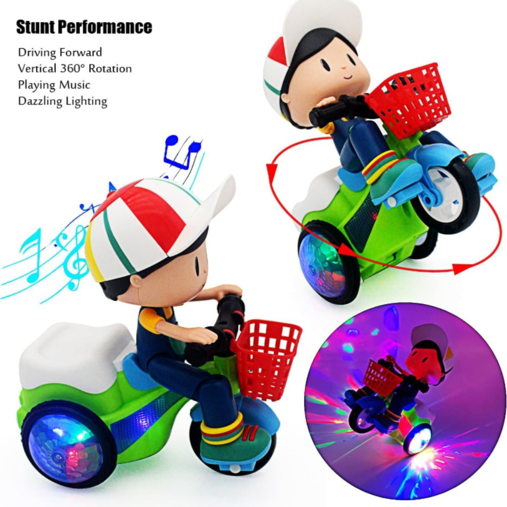 Kids Electric Tricycle Toy Motorcycle with 360° Rotation & Luminous Lights, Push & Power Dual-Mode Stunt Vehicle for Toddlers