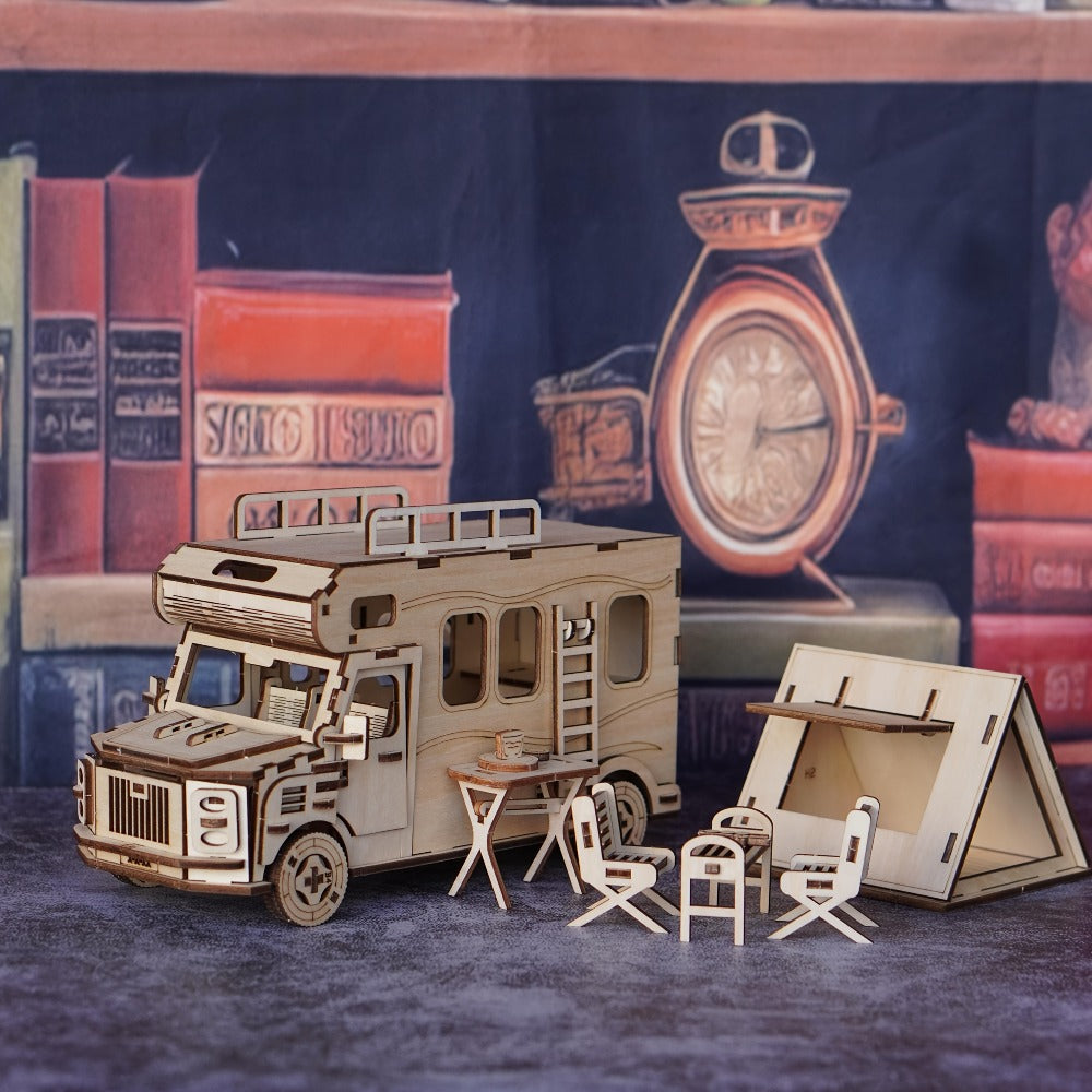 Wooden RV 3D Puzzle Model Kit with Motorhome Body, Fold-Out Side Panels and Miniature Camping Furniture — image 1