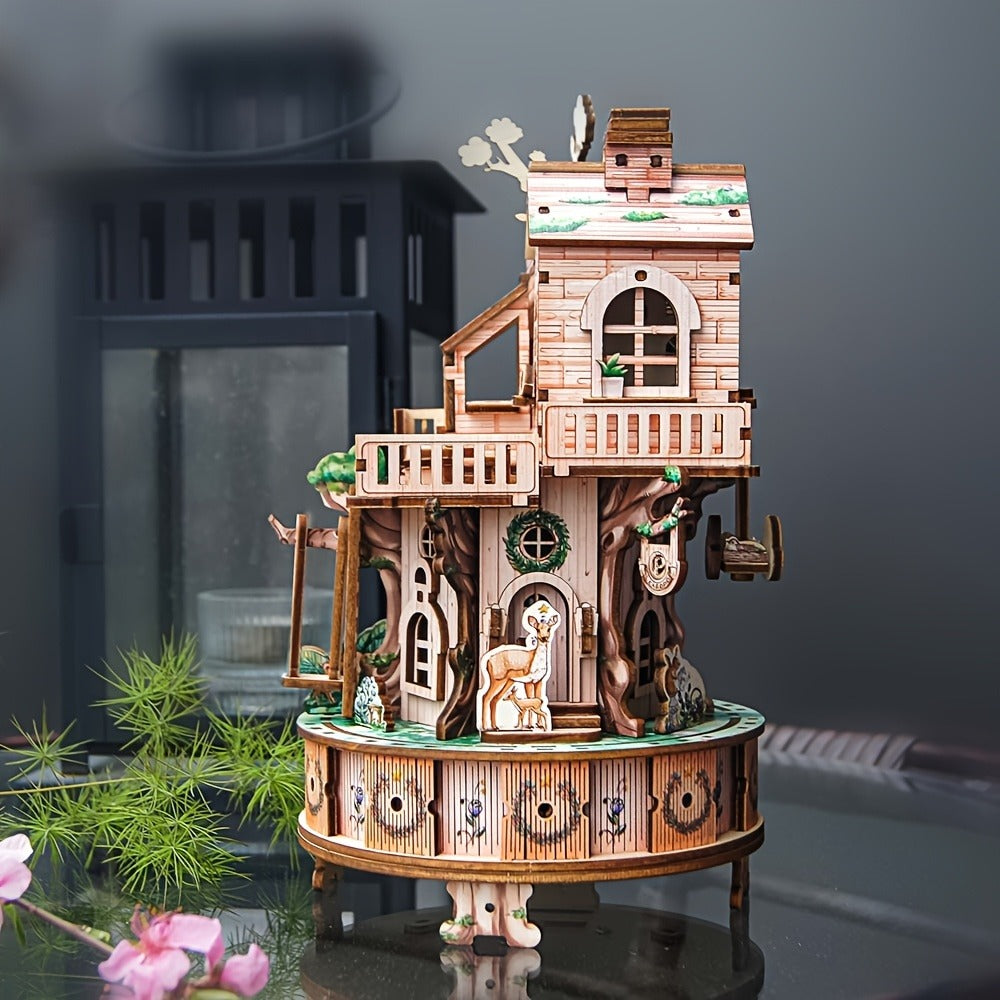 Rotating Merry-Go-Round Wooden Puzzle Kit, Mechanical Carousel 3D Model for Adults & Teens, DIY Kinetic Display Piece — image