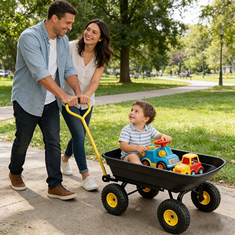 Garden Dump Cart 4-Wheel Steel Frame Poly Bed Quick-Release Dump Feature Foldable D-Handle Yard Wagon for Landscaping Lawn — 