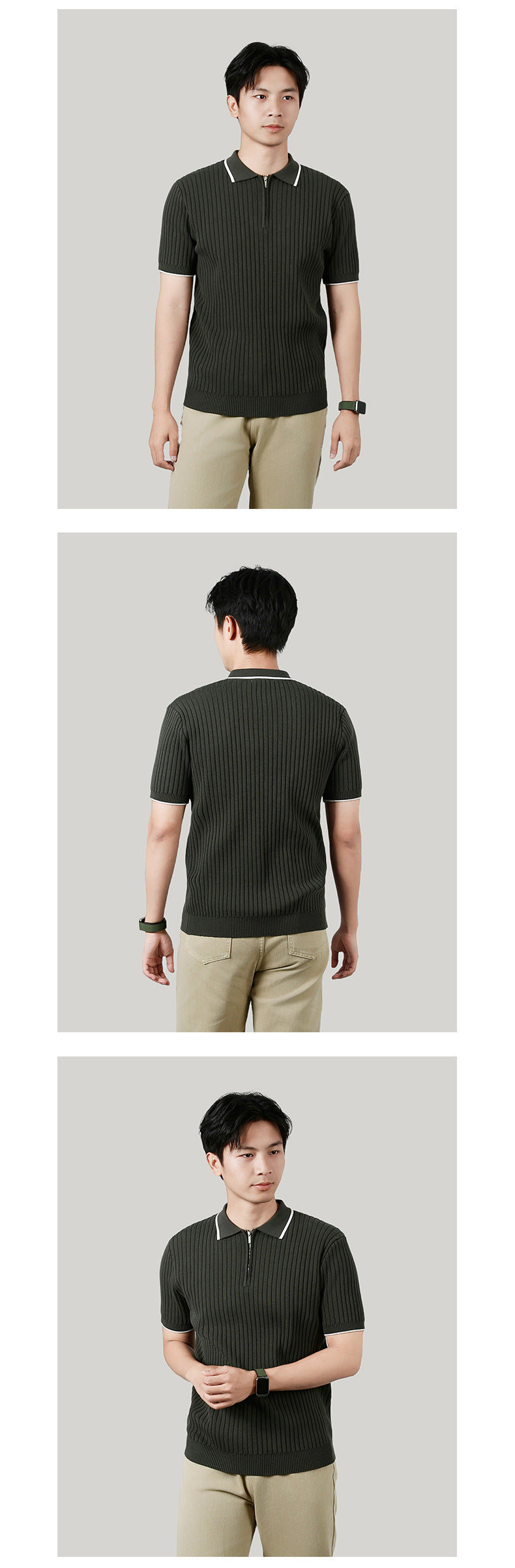 Men's Half-zip Ice Silk Knitted Lapel Vertical Striped Top