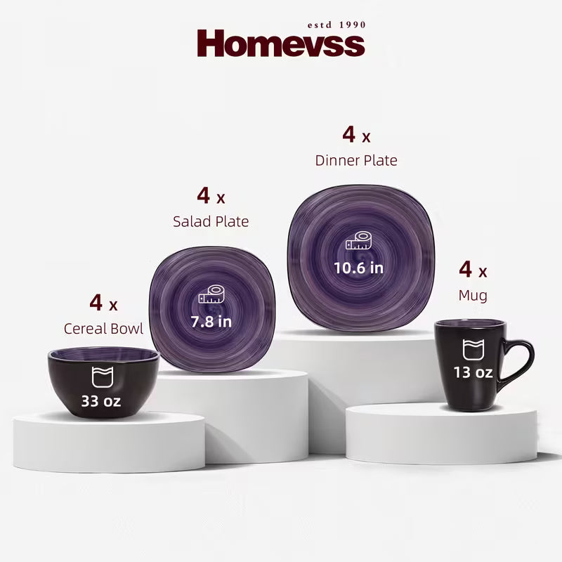 16-Piece Square Stoneware Dinnerware Set with Black Trim