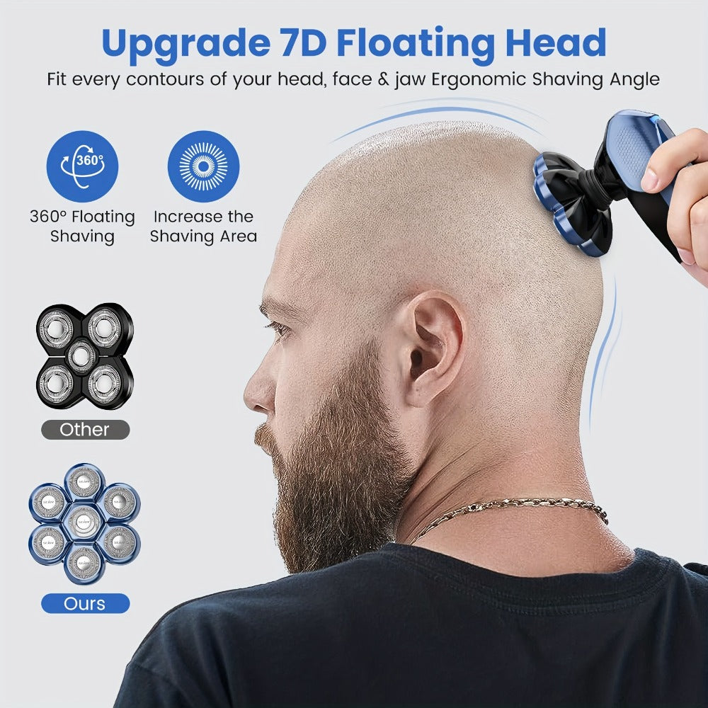 Electric Head Shaver for Bald Men 7D 7 Floating Heads – All-in-One Grooming Kit with Nose Hair Trimmer & Facial Cleaning Brus