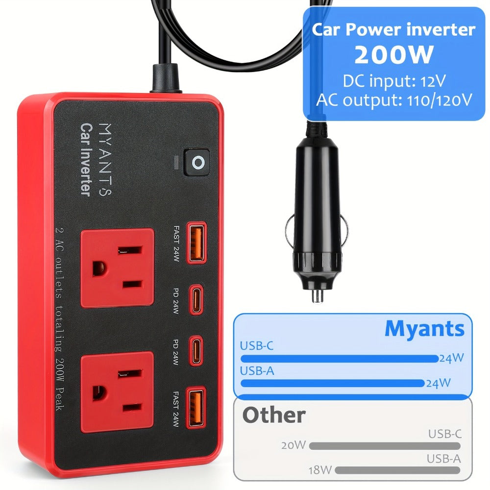 Car Power Inverter 200W – 12V DC to 110V AC, 4 USB Ports (PD & QC 3.0), Fast Charging Car Outlet Adapter for Road Trips — ima