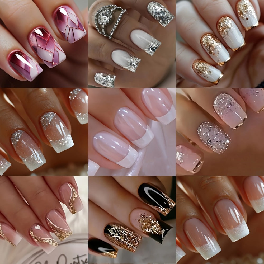 Press On Nails 216-Piece Soft Gel Short Square Set with French, Gradient, Glitter and Heart Designs — image 2