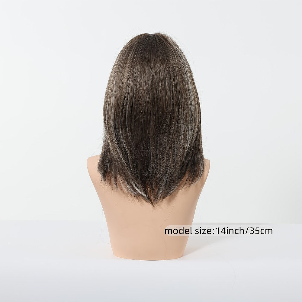 Synthetic Wig 14-Inch Layered Brown Highlight Ombre with Bangs and Rose Net Cap with Item-Specific Color, Length, Texture and