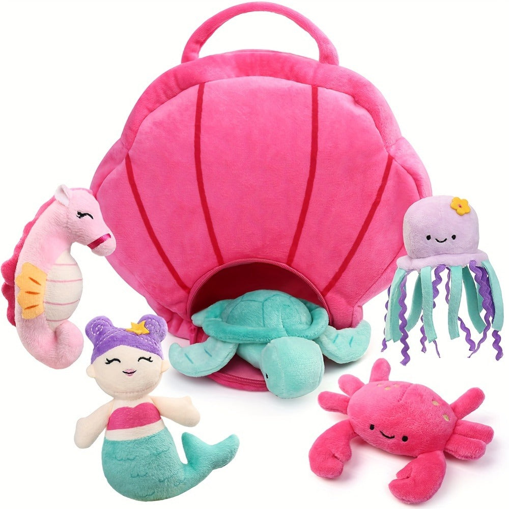 Plush Toy Five-Piece Ocean Creature Set with Mermaid, Sea Animals and Pink Shell Carry Bag — image 4