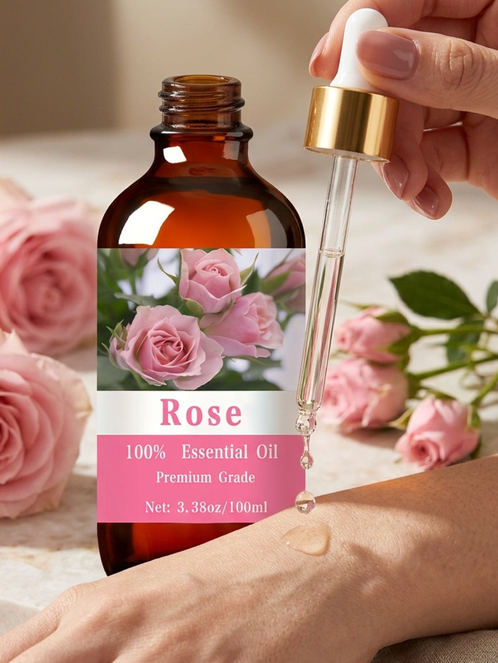 Essential Oil Rose 100ml Dropper Bottle with Floral Scent for Diffuser, Massage, Hair and Body Care — image 7