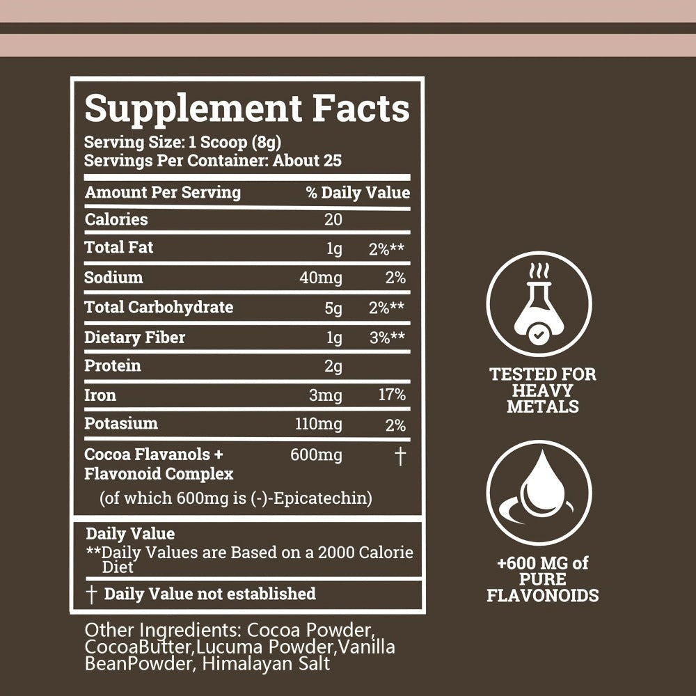 High Flavanol Cocoa Powder 1200mg Per Serving, Cocoa Flavanols & Epicatechin, Unsweetened Dark Chocolate Cacao Powder for Bak
