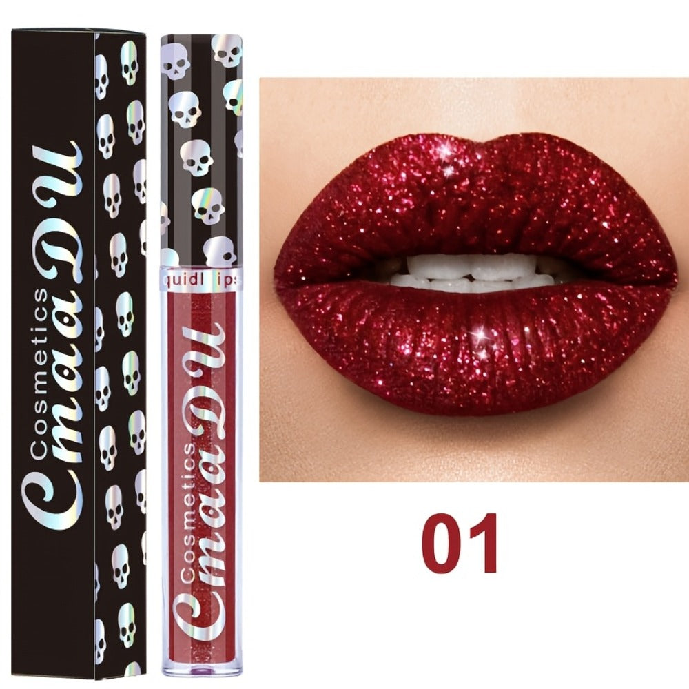 Glitter Lip Gloss Set 3pcs Skull Design Shimmer Liquid Lipstick Long Lasting Easy Remove Bold Shiny Lip Color for Music Festi