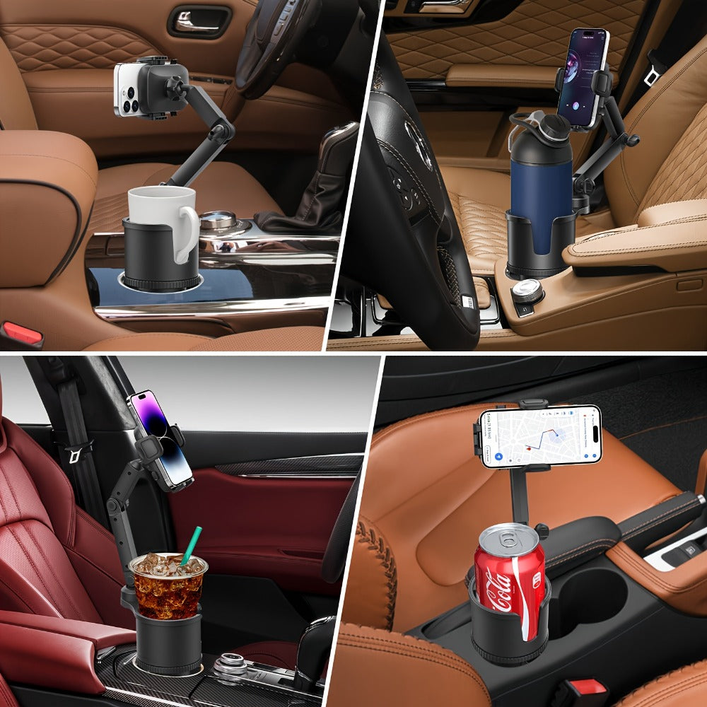 2-in-1 Car Phone Holder & Cup Holder Extender – Swivel Rotating Mount with Shock-Absorbing Trim, Universal for Cars, SUVs & T