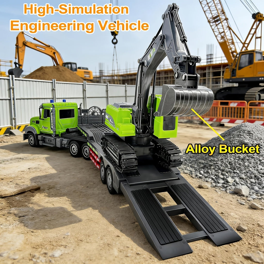 RC Semi Truck with Flatbed Trailer & Alloy Excavator Set 1:12 Scale, 11-Channel Dual Control, Sound & Lights — image 10