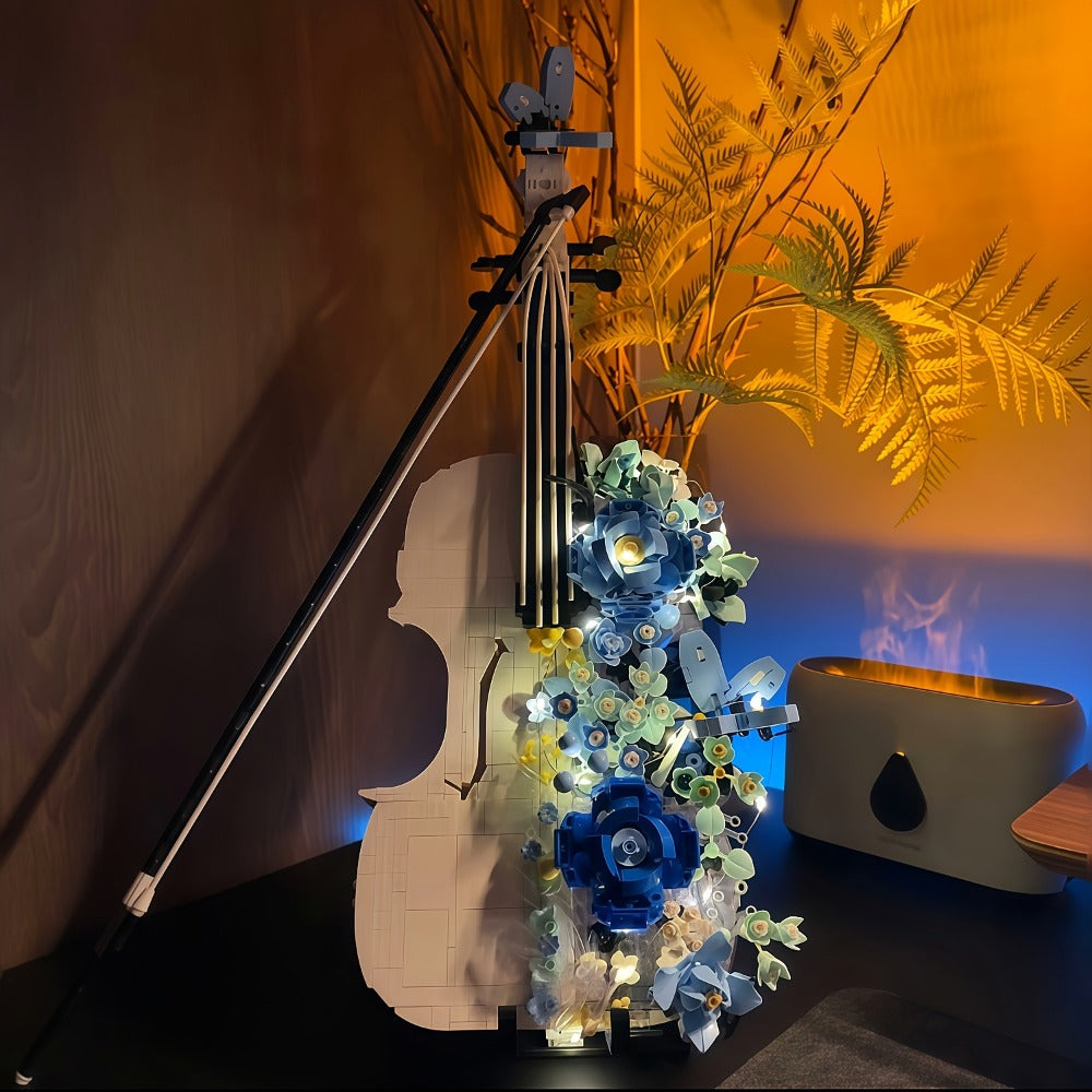 1419-Piece Flower Violin Building Block Model with Brick-Built Stand, Blue Blooms and Panel Detail — image 11