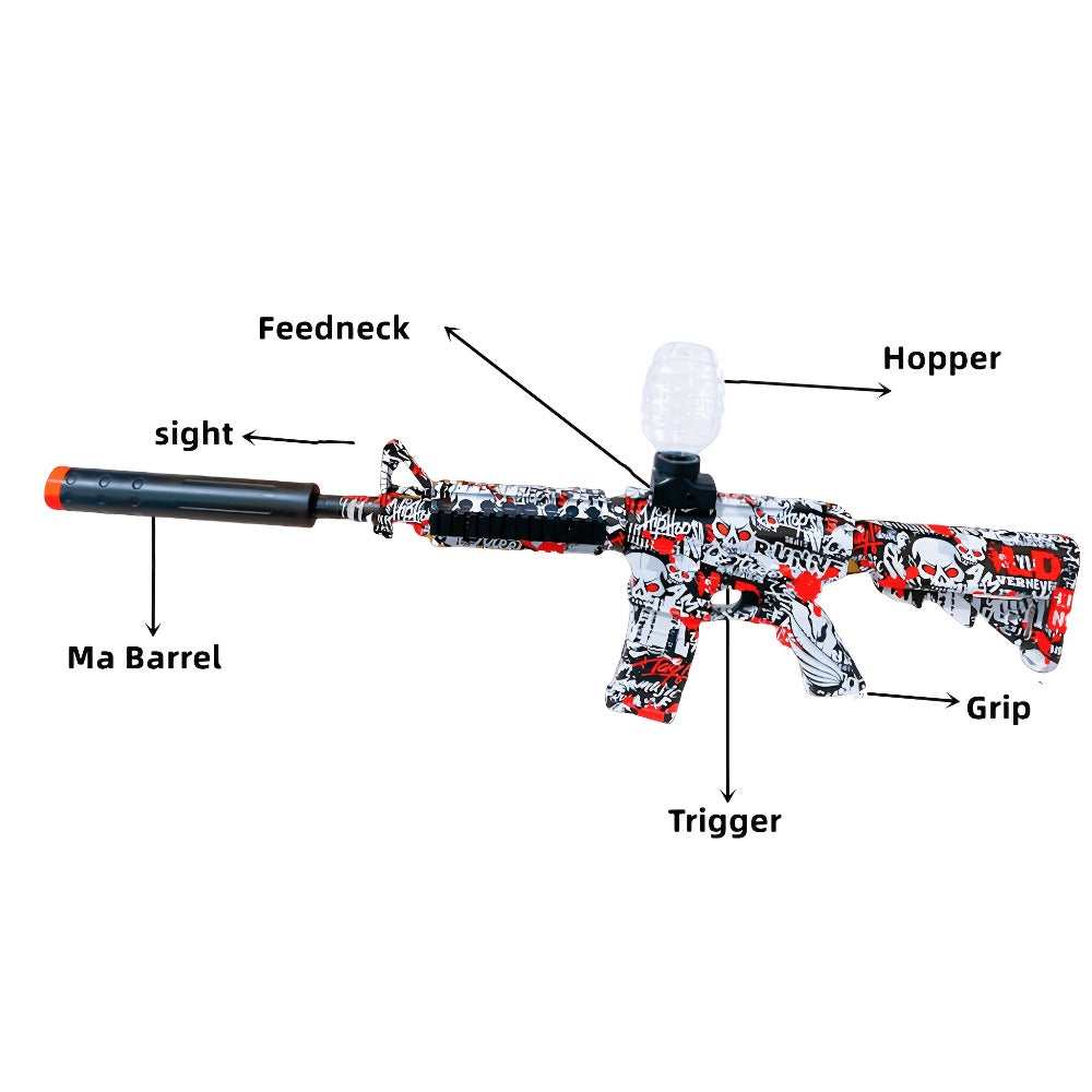 Red-White-and-Black Rifle-Style Electric Gel Blaster Set with Hopper, Stock, Barrel, Goggles and USB Cable — image 3