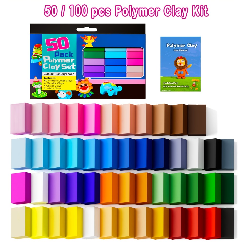 Polymer Clay Kit 50 or 100 Vibrant Colors, Oven Bake Modeling Clay with the Listed Color, Size or Set Options for Everyday Us