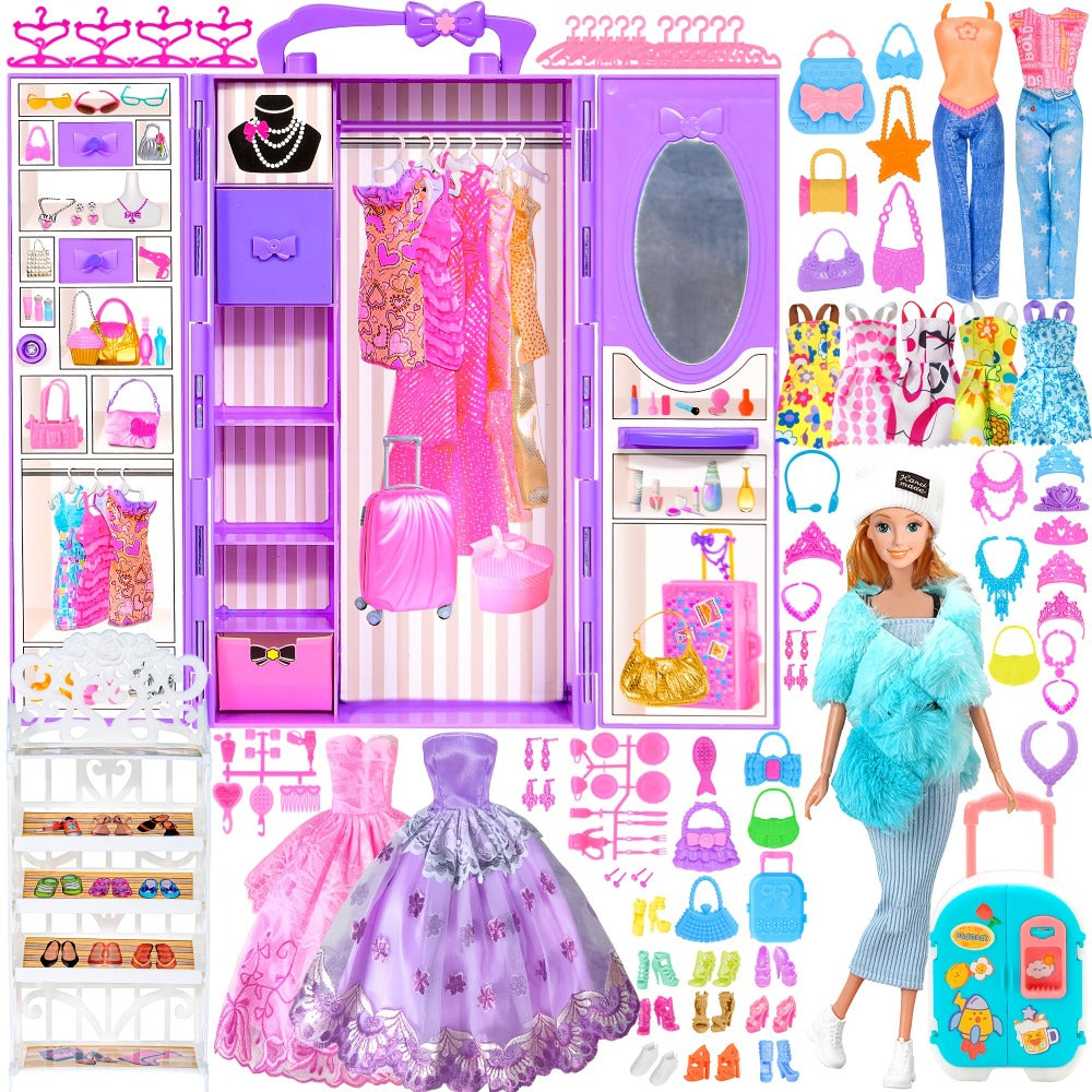 Doll Closet Playset 108 Piece with 11.5 Inch Fashion Doll Purple Wardrobe Wedding Gowns Shoes Handbags Crowns & Accessories —