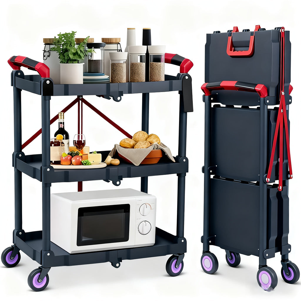 3-Tier Rolling Cart Collapsible Service Utility Cart on Wheels, Portable Folding 3 Shelf Cart for Kitchen Office Garage Works