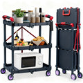 3-Tier Rolling Cart Collapsible Service Utility Cart on Wheels, Portable Folding 3 Shelf Cart for Kitchen Office Garage Works